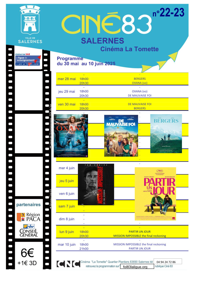 Programme du cinéma La Tomette de Salernes du 30-05 au 10-06