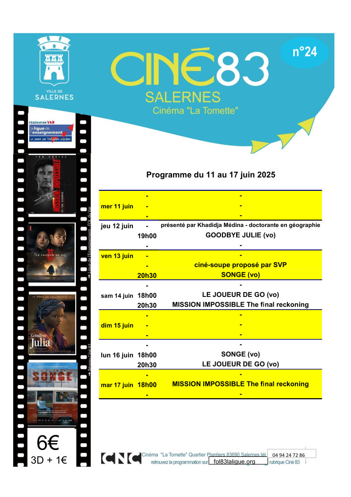 Programme cinéma La Tomette du 11 au 17 juin 2025