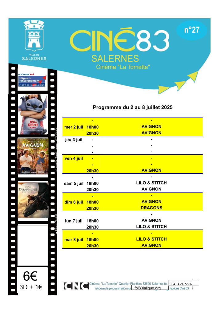 Programme cinéma La Tomette du 2 au 8 juillet 2025
