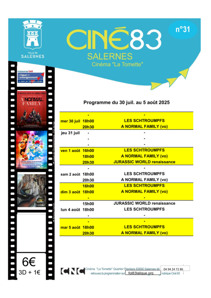 Programme du cinéma La Tomette du 30 juillet au 05 août 2025
