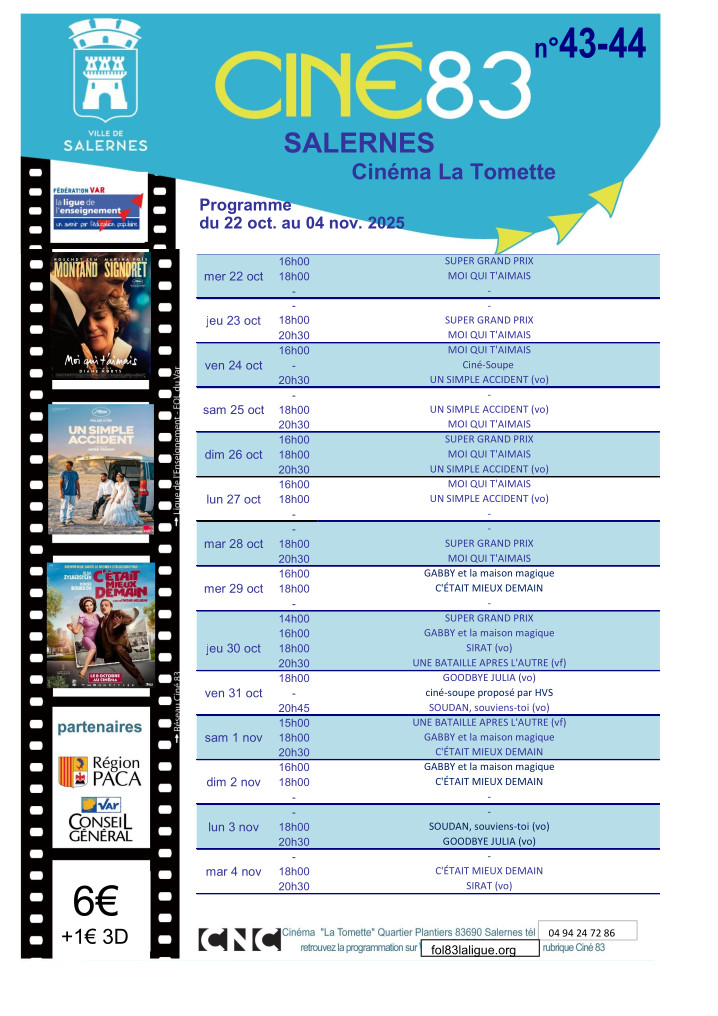 Programme cinéma La Tomette u 22 octobre au 4 novembre 2025