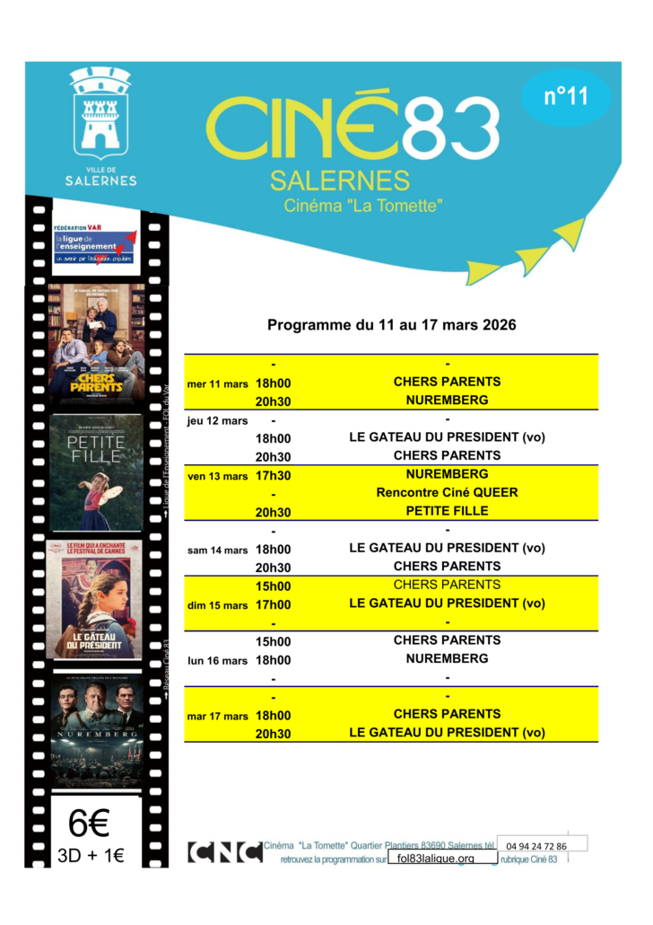 Programme cinéma La Tomette du 11 au 17 mars 2026