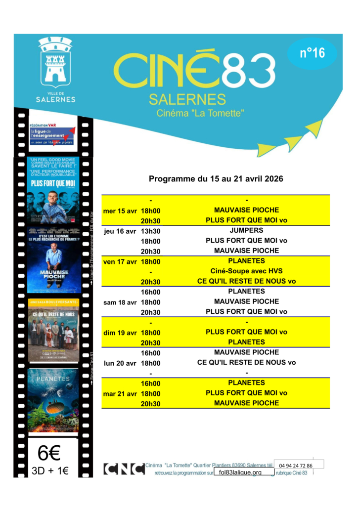 Programme du cinéma La Tomette du 15 au 21 avril 2026