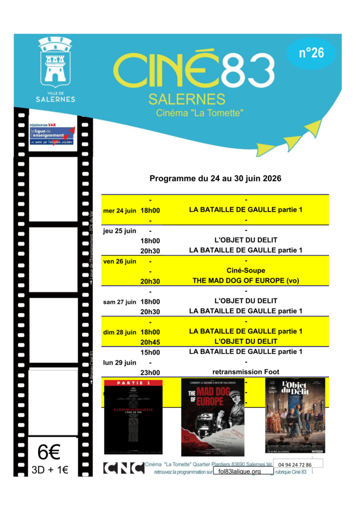 Programme du cinéma La Tomette du 24 au 30 juin 2026