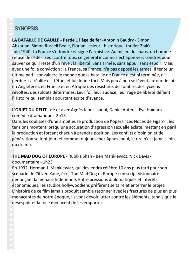 Synopsis du programme du 24 au 30 juin 2026