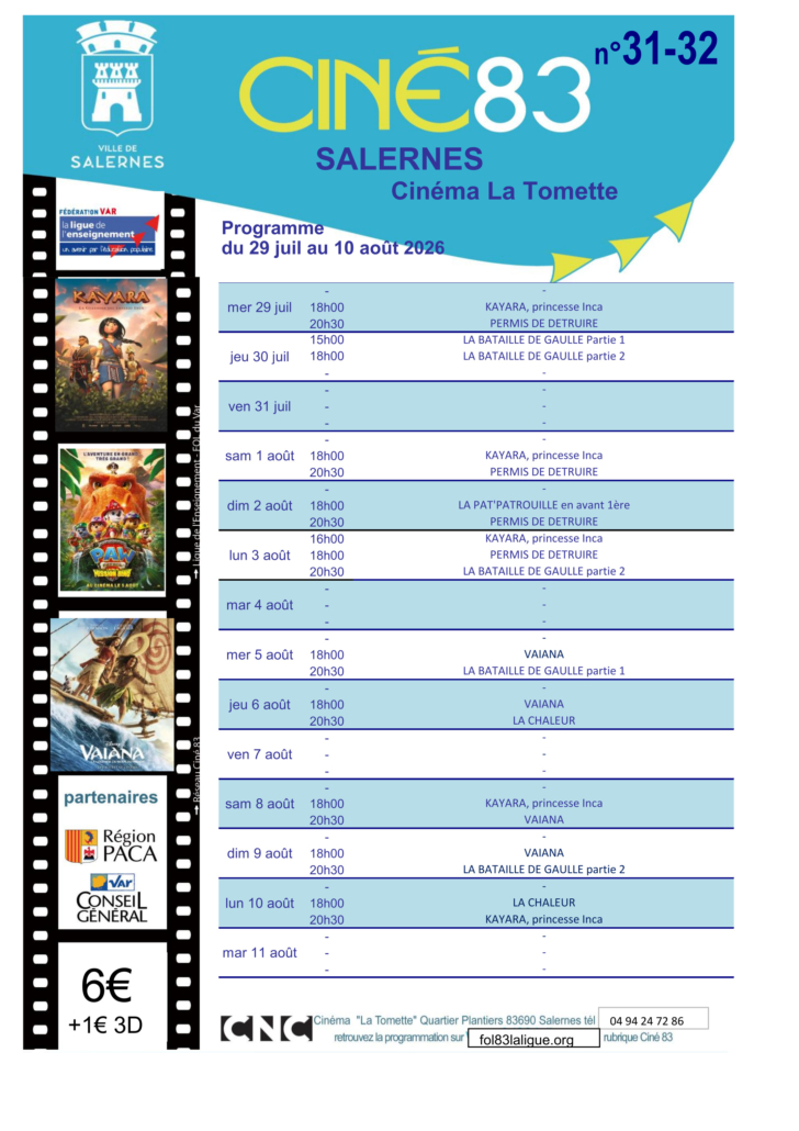 Programme du cinéma La Tomette du 29 juillet au 10 août 2026