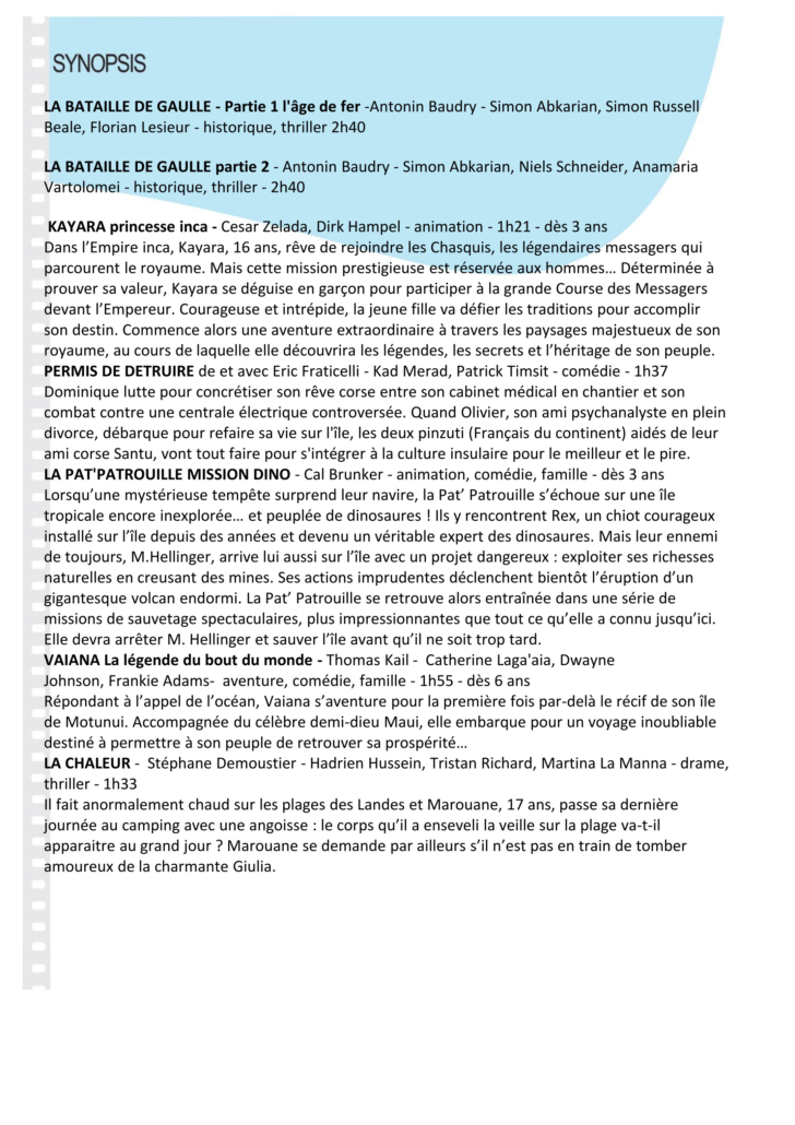 Synopsis du programme du 29 juillet au 10 août 2026