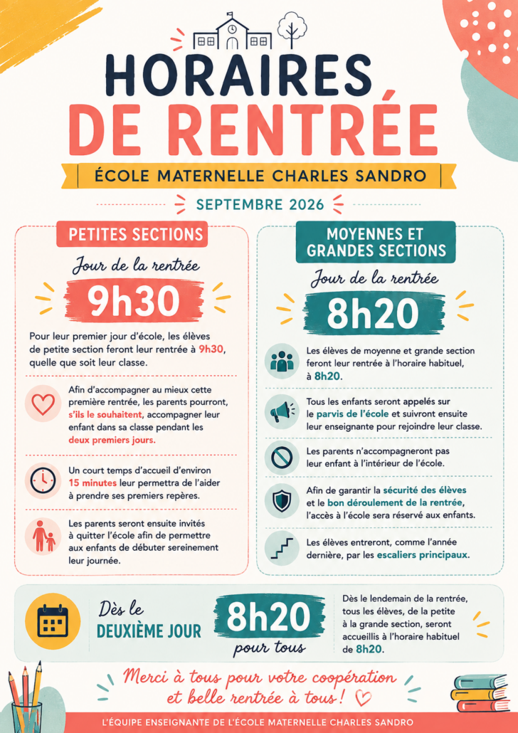 Horaires rentrée scolaire - Ecole maternelle