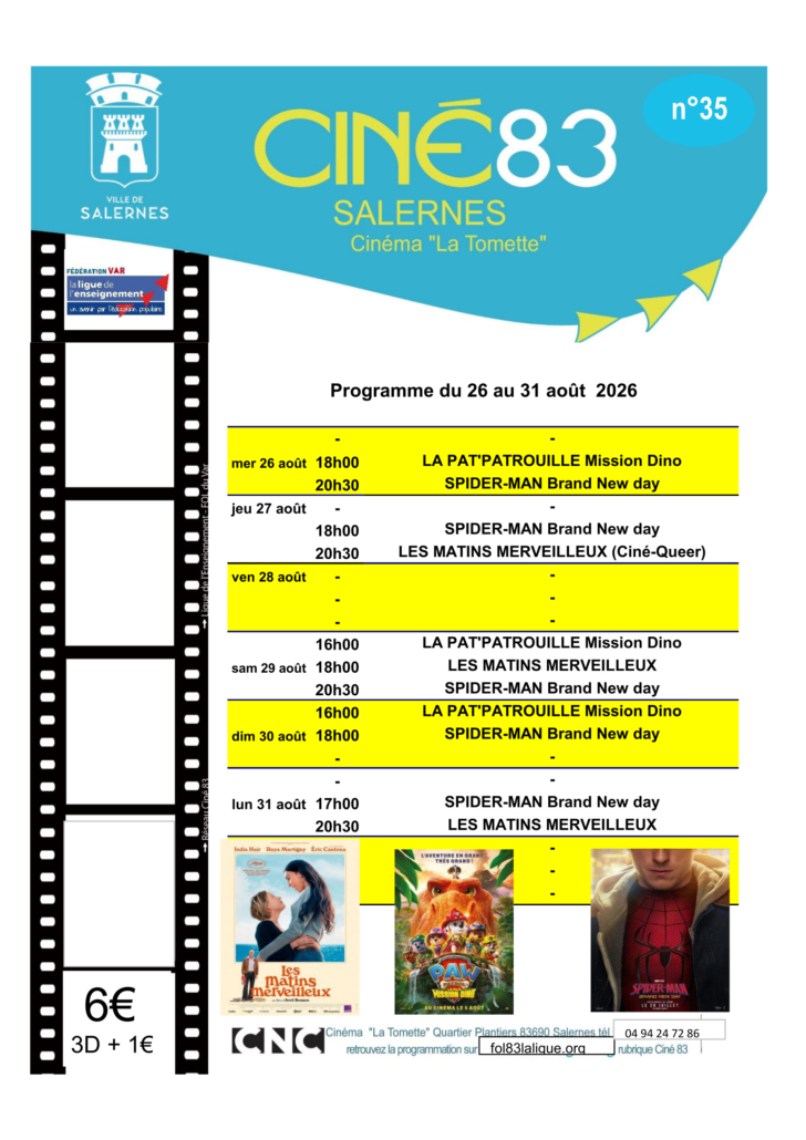 Programme du cinéma La Tomette du 26 au 31 août 2026