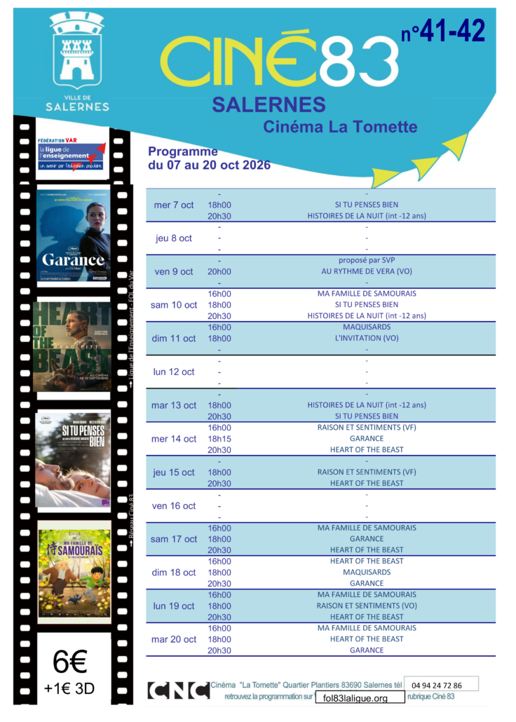 Programme du cinéma La Tomette du 07 au 20 octobre 2026