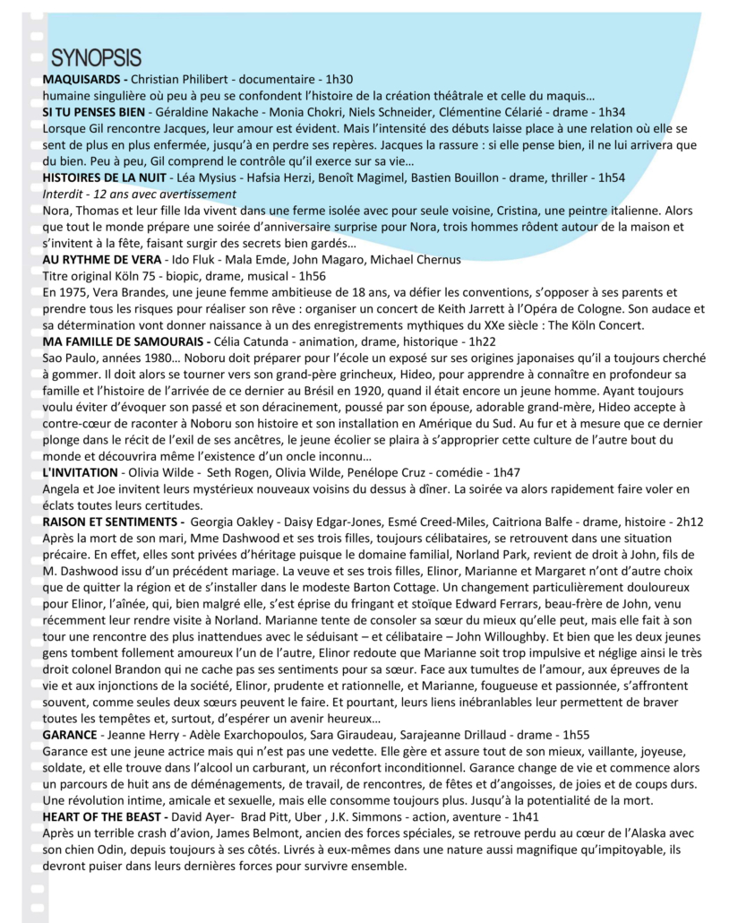 Synopsis du programme du 7 au 20 octobre 2026
